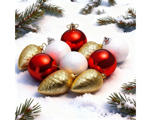 Набор новогодних украшений (золотые шишки, красные/белые шарики, 10шт х 5см)
