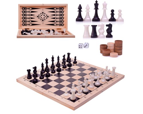 Шахматы обиходные пластиковые+ шашки+ нарды, дерево 415х215мм
