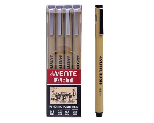 Набор ручек капиллярных "ART" 04 шт, d=0,1, 0,3, 0,5, 0,8 мм, чернила - черные перманентные, круглый корпус, металлический клип, пишущий узел в металлической обойме, в пластиковой коробке