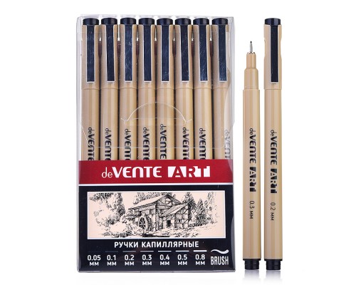 Набор ручек капиллярных "ART" 08 шт, d=0,05, 0,1, 0,2, 0,3, 0,4, 0,5, 0,8 мм и кистевидный, чернила - черные перманентные, круглый корпус, металлический клип, пишущий узел в металлической обойме (кроме кистевидного), в пластиковой коробке