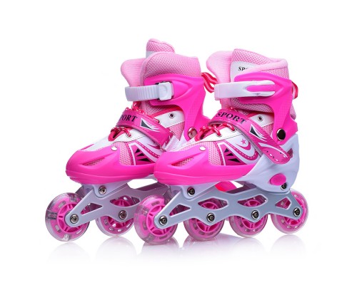 Ролики детские (размер M)  розово-белые, PU колёса со светом, в сумке