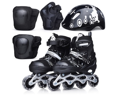 Ролики детские, размер M, черные (со шлемом и защитным снаряжением)