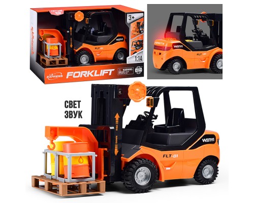 Погрузчик "Вилочный" с поддоном и бочками, 1:14 (свет,звук) в коробке
