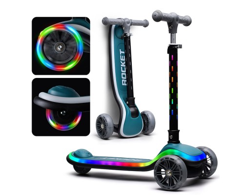 Самокат трёхколёсный ROCKET светящиеся колеса PU, дека, рулевая стойка, цвет бирюзовый