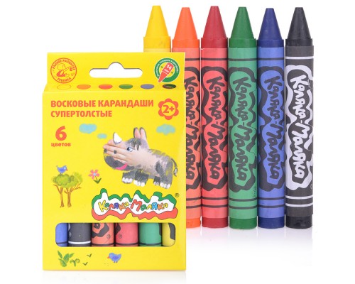Карандаши восковые 6 цветов, супертолстые  круглые