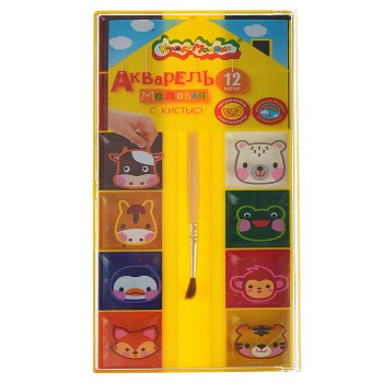 Акварель 12 цветов с кистью пластиковая упаковка