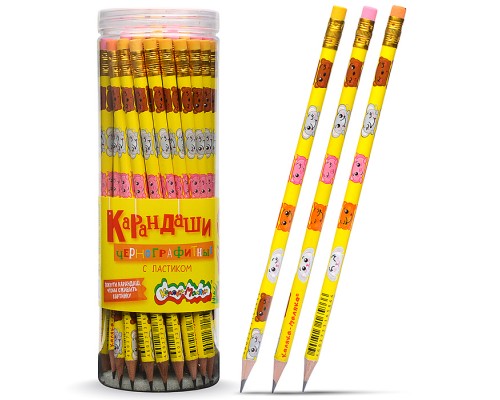 Карандаш чернографитный, корпус дерев. "Мультики" НВ с ластиком заточенный трехгранный