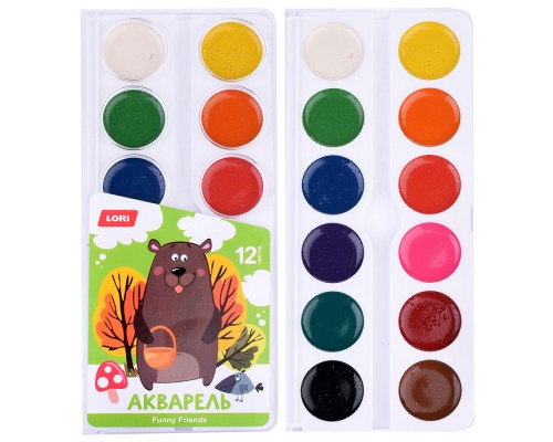 Акварель 12 цветов, Funny Friends, б/к в пластиковой упаковке с крышкой