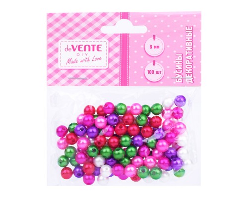 Набор бусин для творчества. Жемчуг разноцветный" пластиковые, размер 8 мм, 100 шт ассорти перламутровых цветов, в пластиковом пакете с блистерным подвесом