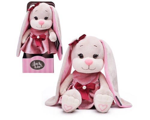 Зайка Лин в розовом бархатном платьице с бантиком, 20 см