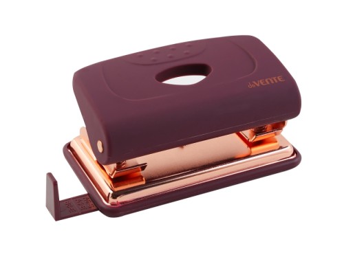 Дырокол "Esthetics" (12 листов) пластиковый с линейкой, в картонной коробке, цвет бургунди, с металлической базой цвета розового золота