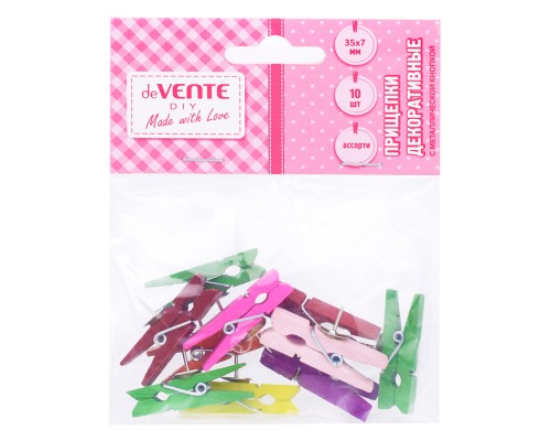 Прищепки декоративные с металлической кнопкой "Spin & Pin" деревянные, 35x7 мм, 10 шт, в пластиковом пакете с блистерным подвесом, ассорти цветов
