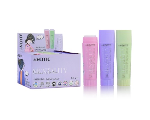 Клеящий карандаш PVP основа "Mentality" 15 г, высокой вязкости, в картонном дисплее с пластиковым поддоном, ассорти 3 пастельных цвета корпуса