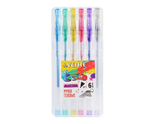 Набор ручек гелевых 6 цв. с блестками "Cosmo Glitter" d=1 мм, прозрачный корпус