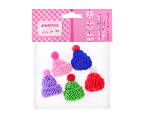 Декоративные украшения "Шапочка с помпоном" трикотажные, 35x43 мм, 5 шт, в пластиковом пакете с блистерным подвесом, цвета ассорти
