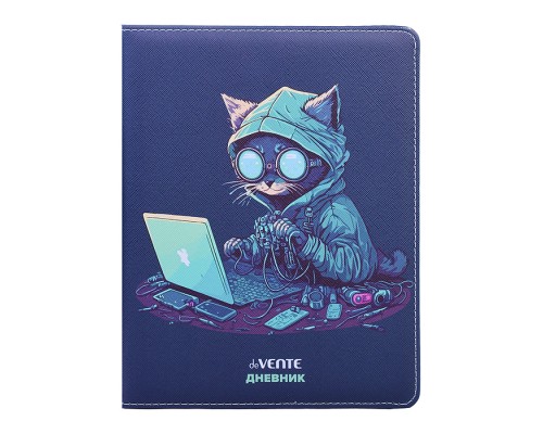 Дневник 1-11 кл. "Cat Hacker" универсальный блок, 48 листов, белая бумага 80 г/м&sup2;, печать в 1 краску, твердая обложка из искусственной антивандальной кожи с поролоном, цветная печать, отстрочка, 1 ляссе