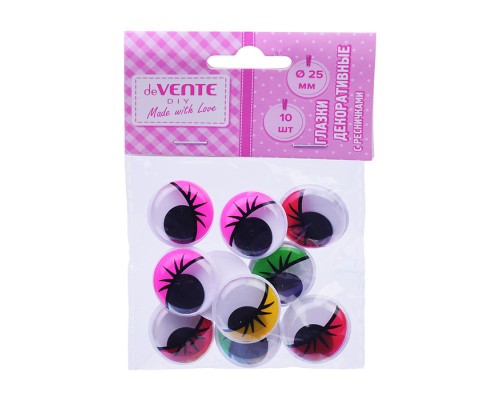 Глазки декоративные с ресничками, круглые пластиковые, самоклеящиеся, цвет ассорти 10шт, 25 мм.