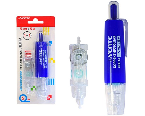 Корректирующая лента автоматическая 5 ммx5 м, полупрозрачный с синим корпус, фронтальный аппликатор, в комптекте с сменным картриджем 5 ммx5 м, в картонном блистере