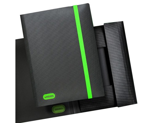 Папка с резинкой "MonoChrome" A4 (320x235 мм) 500 мкм, с рельефной фактурной поверхностью, вертикальная неоновая зеленая резинка 15 мм, 3 клапана, индивидуальная маркировка, непрозрачная черная с неновым зеленым