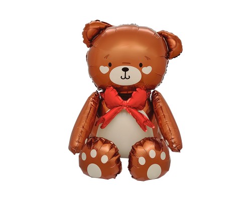 Шар 3D (28''/71 см) Фигура, Сидячий мишка с бантиком, Коричневый, Сатин, 1 шт. в уп.