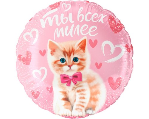 Шар (18''/46 см) Круг, Ты всех милее (котенок), Розовый, 1 шт. в уп.
