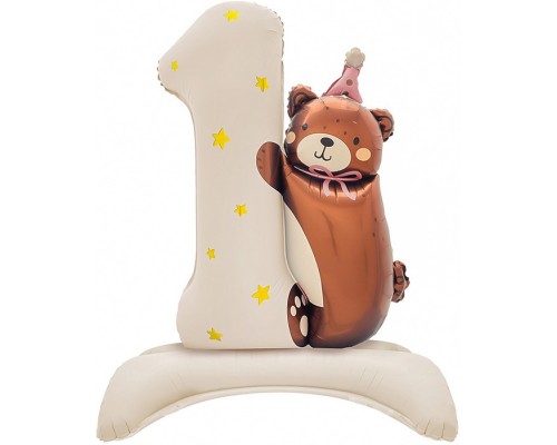 Шар (35''/89 см) Цифра на подставке, 1 Годик, Мишка в розовом колпачке, Бежевый, 1 шт. в уп.
