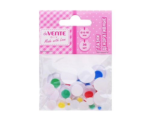 Глазки декоративные круглые пластиковые, самоклеящиеся, цвет ассорти, 36шт, размер 6 мм, 8 мм, 10 мм, 12 мм, 15 мм, 18 мм в пластиковом пакете с блистерным подвесом
