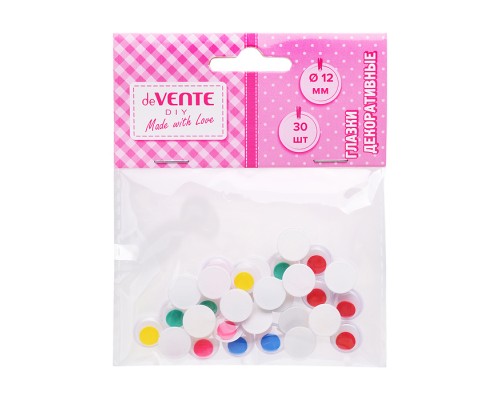 Глазки декоративные круглые пластиковые, самоклеящиеся, цвет ассорти 30шт, 12 мм в пластиковом пакете с блистерным подвесом
