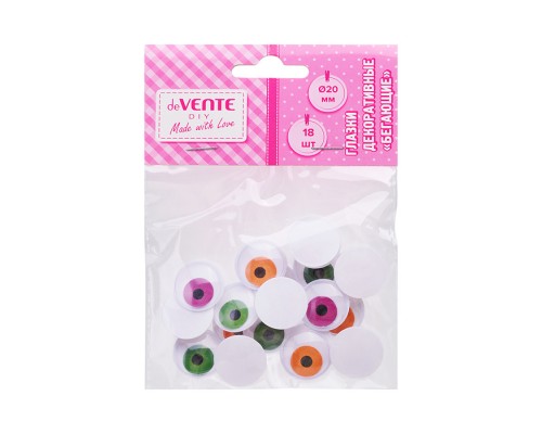 Глазки декоративные 18 шт, 20 мм, круглые пластиковые, самоклеящиеся, с подвижной вставкой, ассорти цветов в пластиковом пакете с блистерным подвесом