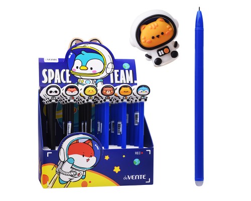 Ручка гелевая стираемая подарочная "Space Team" с декоративным элементом, d=0,5 мм, с ластиком, сменный стержень, индивидуальная маркировка, в картонном дисплее, синяя, ассорти 6 дизайнов