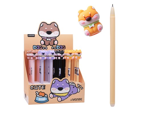 Ручка гелевая стираемая подарочная "Doggy" с декоративным элементом, d=0,5 мм, с ластиком, сменный стержень, индивидуальная маркировка, в картонном дисплее, синяя, ассорти 4 дизайна