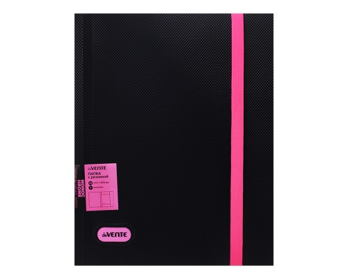 Папка с резинкой "MonoChrome" A4 (320x235 мм) 500 мкм, с рельефной фактурной поверхностью, вертикальная неоновая розовая резинка 15 мм, 3 клапана, индивидуальная маркировка, непрозрачная черная с неновым розовым
