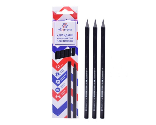 Карандаш чернографитный HB, диаметр грифеля 2 мм, шестигранный без ластика, заточенный, пластиковый, цвет корпуса черный, индивидуальная маркировка, в картонной коробке