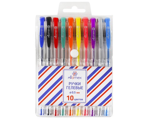Набор ручек гелевых "Attomex" 10 стандартных цветов, d=0,5 мм, прозрачный корпус с металлическим наконечником, сменный стержень, в пластиковом блистере