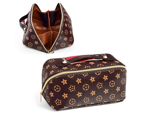Пенал-косметичка "Monogram" 24x12x12 см, прямоугольный для 150 предметов, на молнии, внутренние карманы и отделения, со складной ручкой для переноски, искусственная кожа до -40C с антивандальной фактурой, с подкладом из эко кожи, коричневый