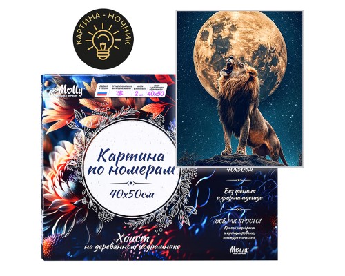 Картина по номерам 40х50 "Лев под луной" USB LED подсветка (26 цветов)