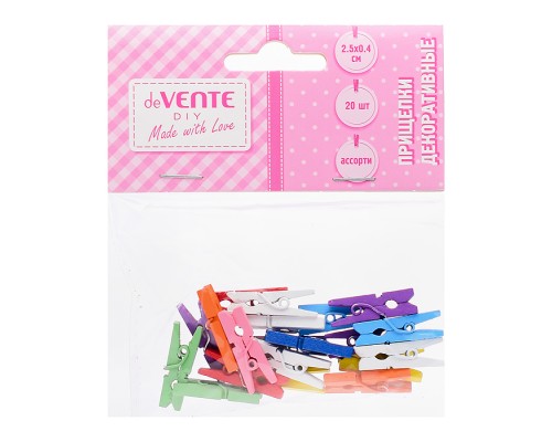 Прищепки декоративные "Цветной микс" деревянные, размер 25x4 мм, 20 шт ассорти цветов, в пластиковом пакете с блистерным подвесом