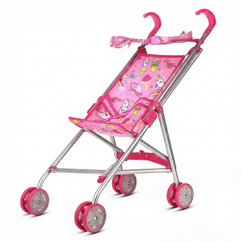 Коляская кукольная трость с крышей, металлическая, принт розовый мир