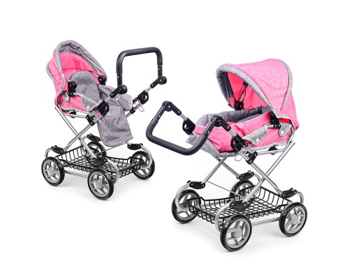 Коляска зима-лето для кукол, металл. с сумкой-переноской, с корзиной, цвет серо-розовый