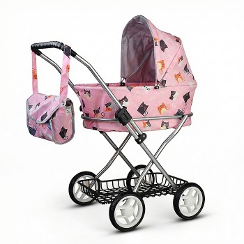 Коляская кукольная прогулочная,металлическая, складная, с корзиной и сумкой, принт коты