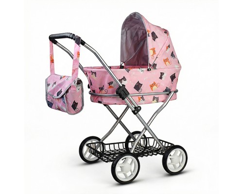 Коляская кукольная прогулочная,металлическая, складная, с корзиной и сумкой, принт коты
