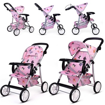 Коляская кукольная трость, металлическая, с корзиной, столиком и козырьком