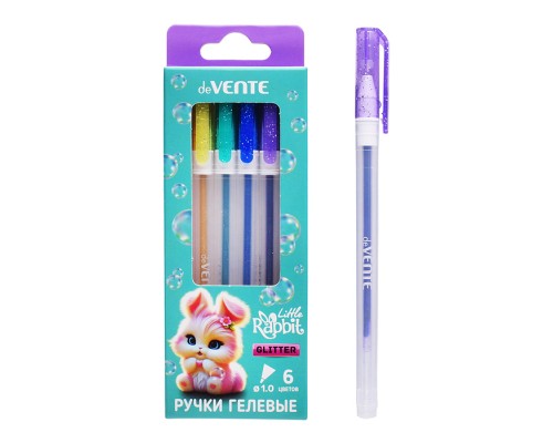 Набор ручек гелевых "Little Rabbit" 06 цветов с блестками, d=1 мм, прозрачно-матовый корпус, сменный стержень, в картонной коробке