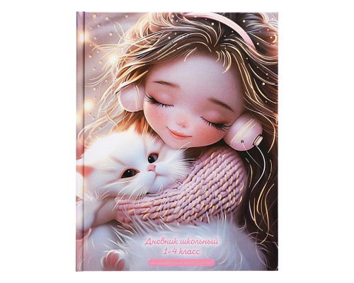 Дневник 1-4 кл. "Девочка в наушниках и котенок" твёрдый переплёт 7БЦ, А5+, 48л.