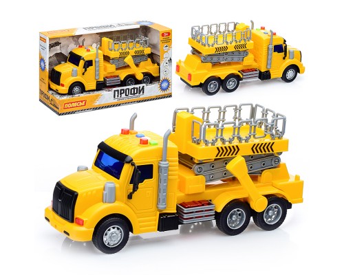 Автомобиль с подъёмником "Профи" инерционный (со светом и звуком) (жёлтый) (в коробке)