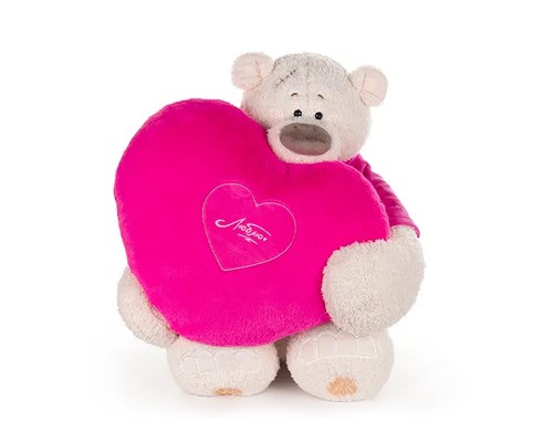 Медведь Тато в майке т. фуксия, с сердцем подушкой фуксия, 37см