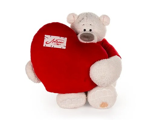 Медведь Тато в красной майке, с сердцем подушкой красной, 37см
