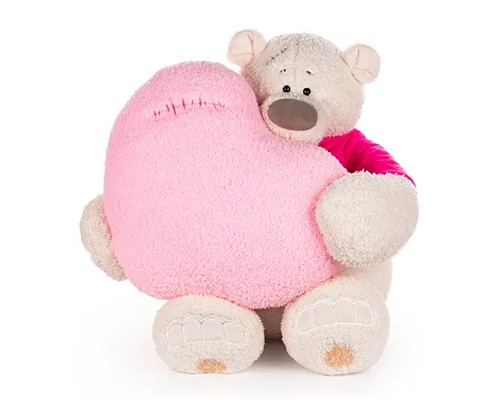 Медведь Тато в майке фуксия, с сердцем подушкой розовой, 37см