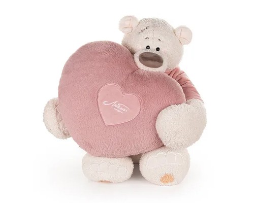 Медведь Тато в майке т. пудровой, с сердцем подушкой т. пудр 37см