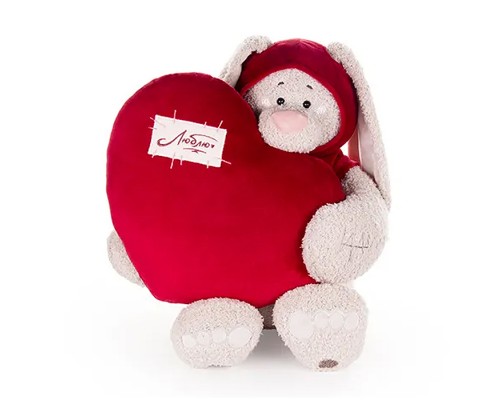 Заяц Вито в бордовой кофте, с сердцем подушкой бордовой, 37см